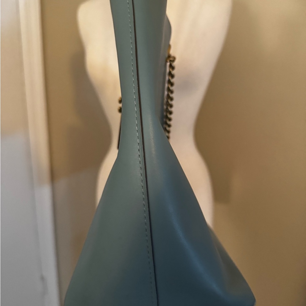 Coach Teal Leather Tote with Gold Chain - Picture 6 of 16